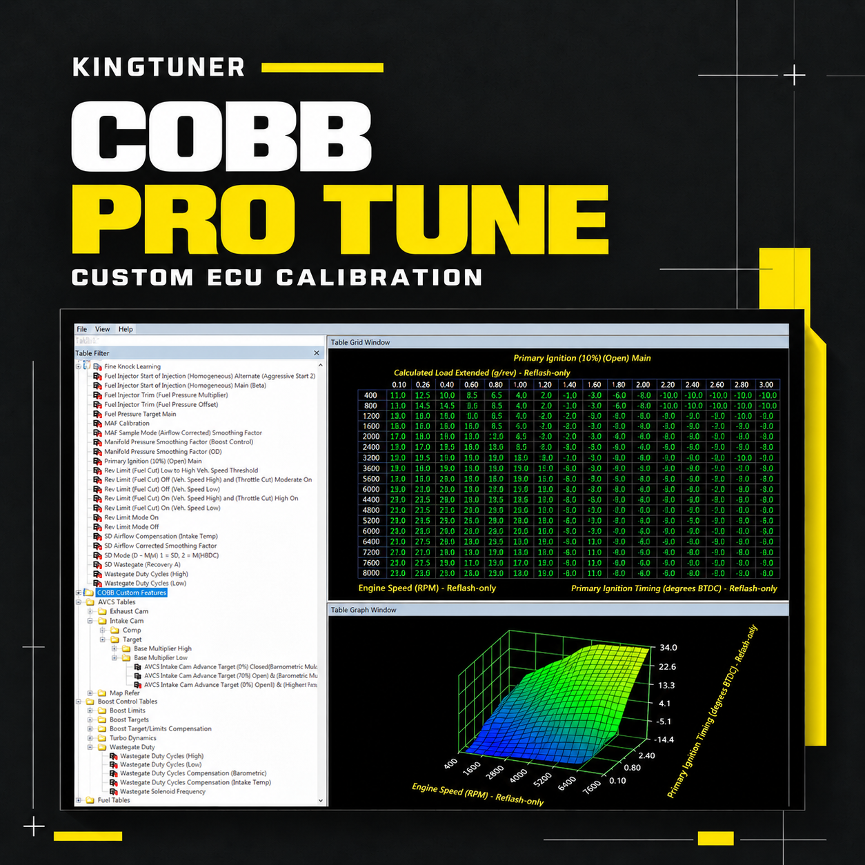 COBB Pro Tune: KingTuner COBB Pro Tune graphic showing an ignition timing table and 3D calibration graph