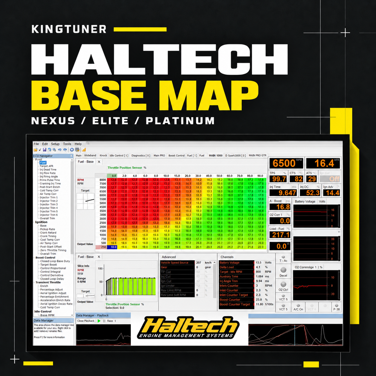 Haltech: KingTuner Haltech base map graphic for Nexus, Elite and Platinum, showing tuning software and a fuel map