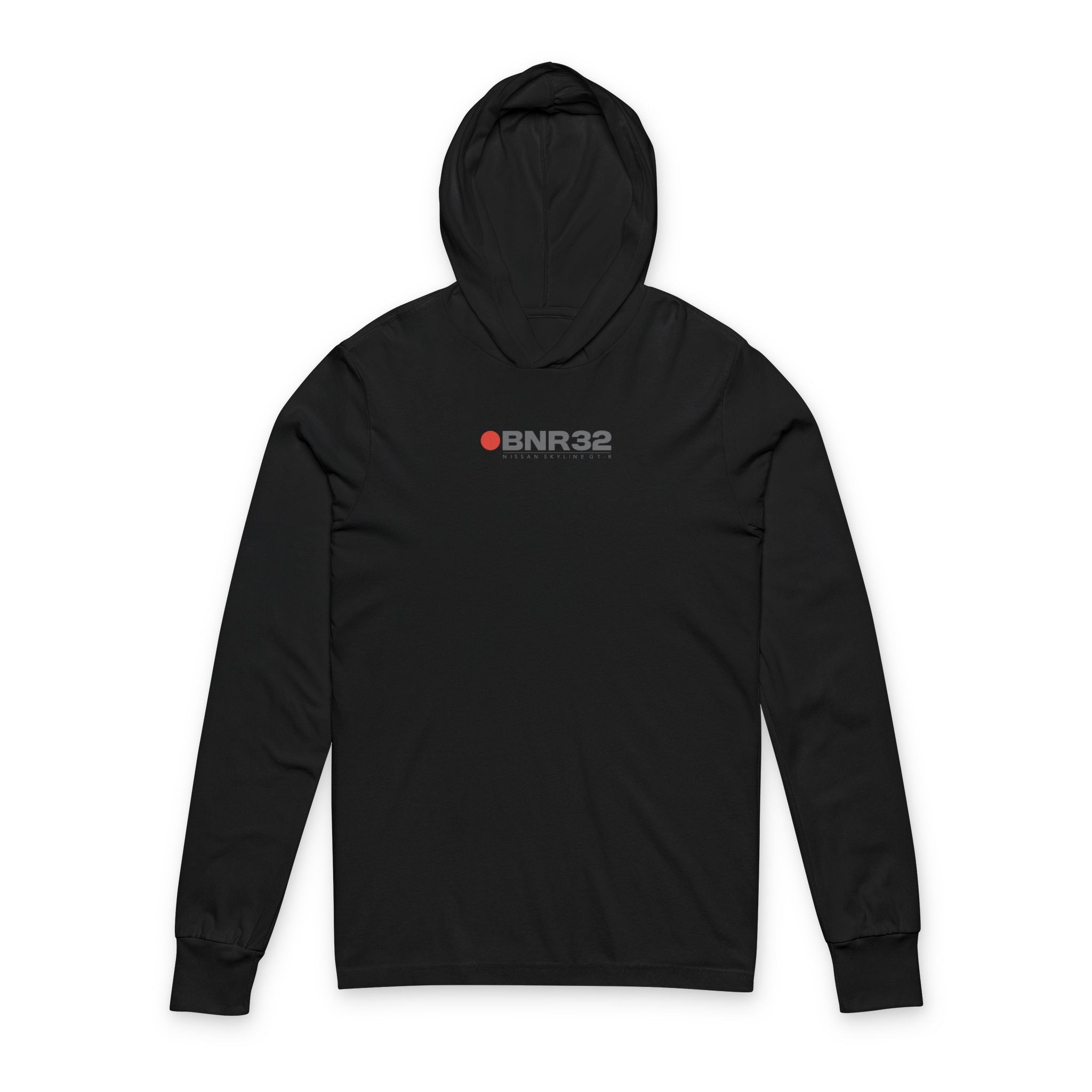 Black hoodie: Front view of a black BNR32 pullover hoodie with a red circle and grey chest lettering