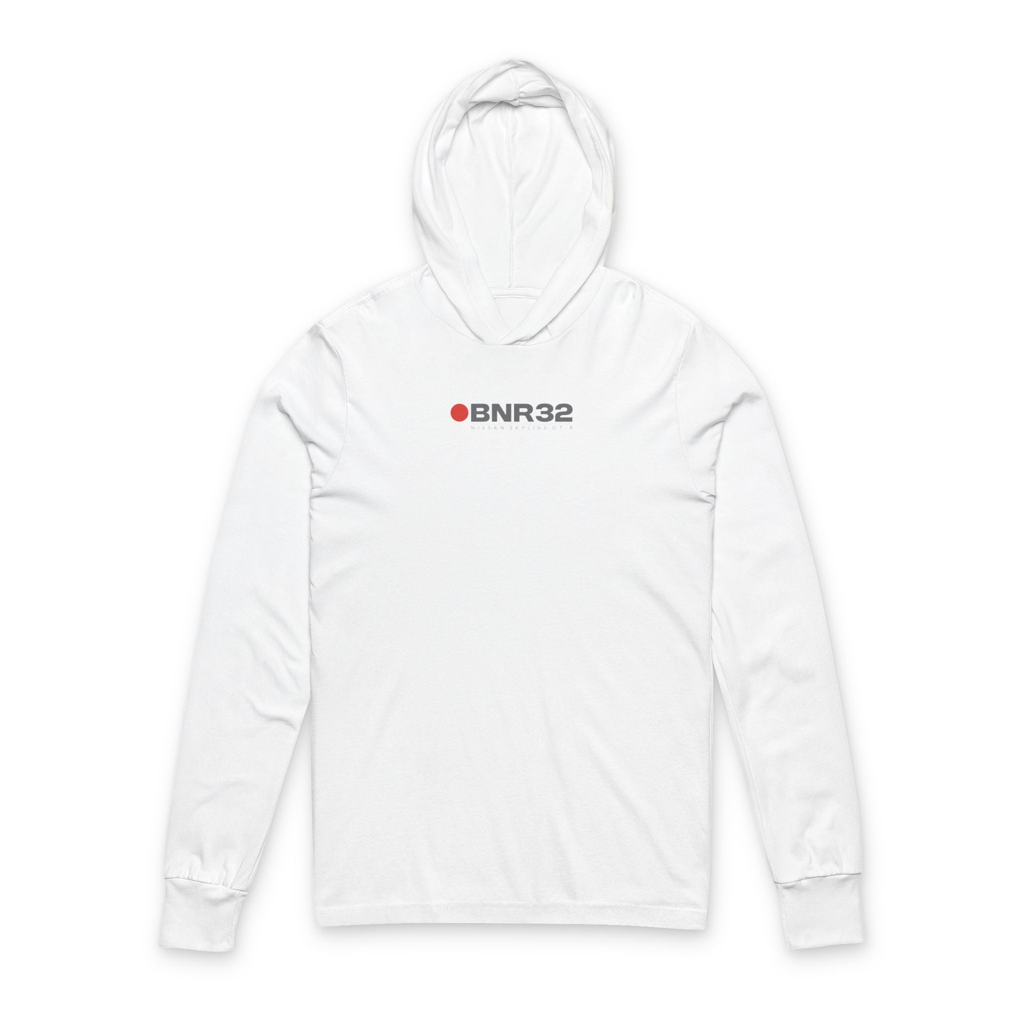 White hoodie: Front view of a white BNR32 pullover hoodie with a red circle and grey chest lettering